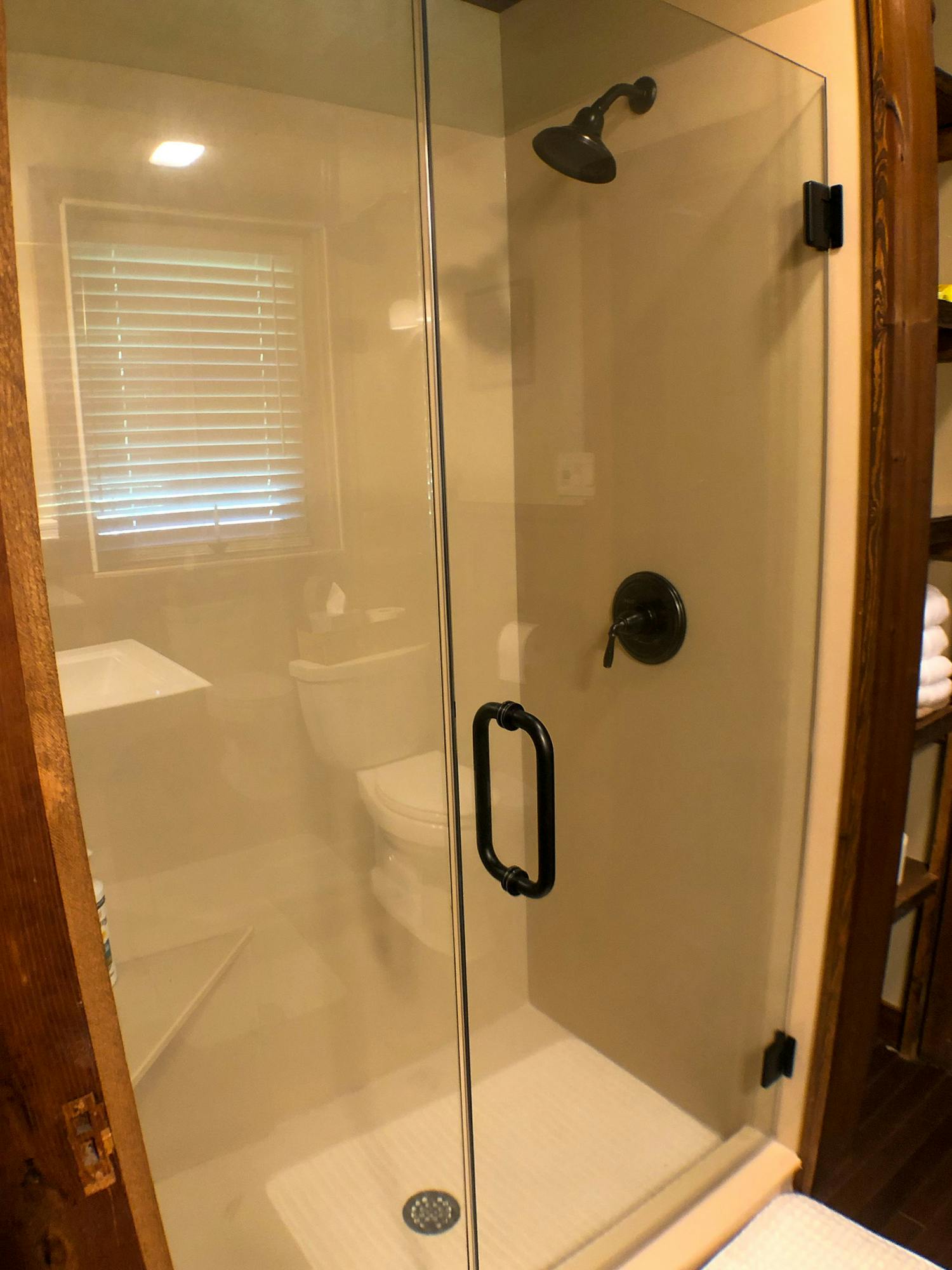 Modern bathroom with a glass shower enclosure and a dark showerhead.